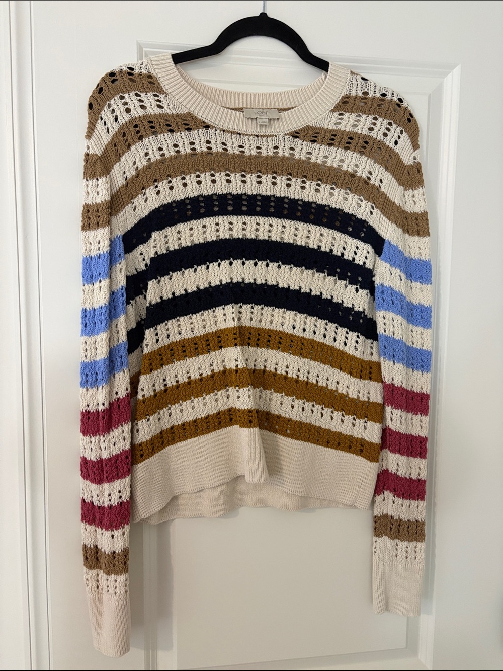 LOFT Open-Knit Crewneck Sweater in Cream with Navy, Tan & Berry Stripes